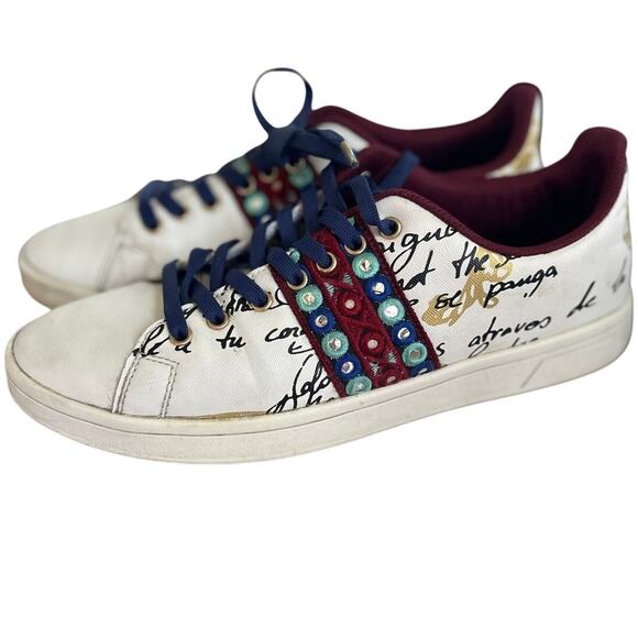 Desigual White Burgundy Aqua Mirror Boho Embellished Leather Sneakers - Picture 1 of 10